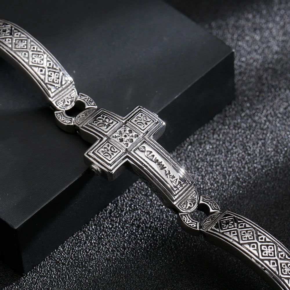 Vintage Solid 316L Stainless Steel Cross Wrap Bracelet for Man 14MM Width Religious Men's Jewelry Accessory Bracelets