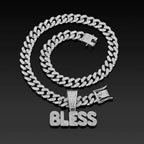 Iced Out BLESS Letter Pendant Necklace — 13mm Cuban Chain