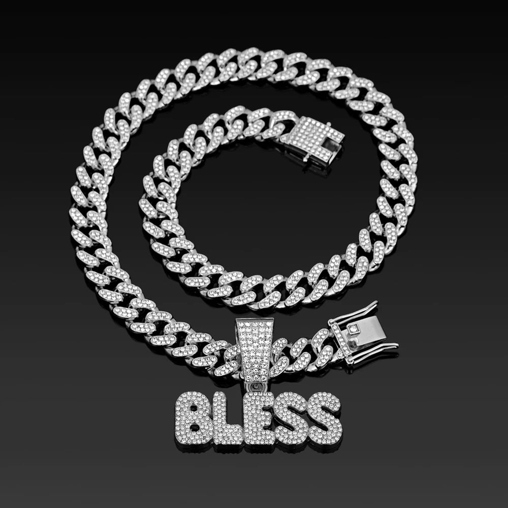 Iced Out BLESS Letter Pendant Necklace — 13mm Cuban Chain