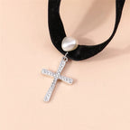 Aihua Gothic Crystsal Cross Pendant Black Velvet Necklace for Women Elegant Pearl Heart Choker Necklace Statement Jewelry