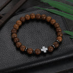 Hot Men Natural Wood Beads Cross Bracelets Onyx Meditation Prayer Bead Bracelet Women Wooden Yoga Jewelry Homme
