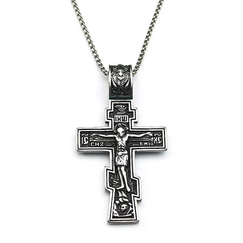 Eastern Orthodox Cross Jesus Pendant Necklace For Women Men Stainless Steel Silver Color Dark Punk Male Chain Jewelry