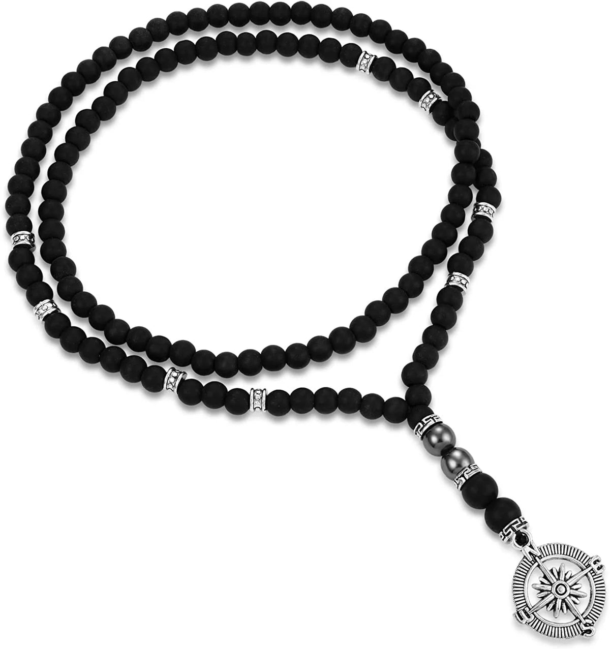 Matte Black Beaded Compass Pendant Necklace 6mm — Zinc Alloy
