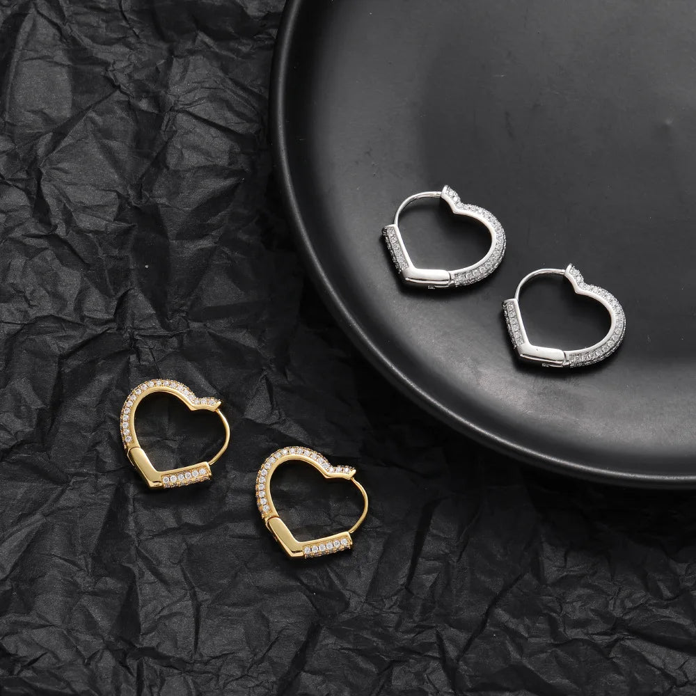 Iced Out Heart Hoop Earrings Stainless Steel CZ