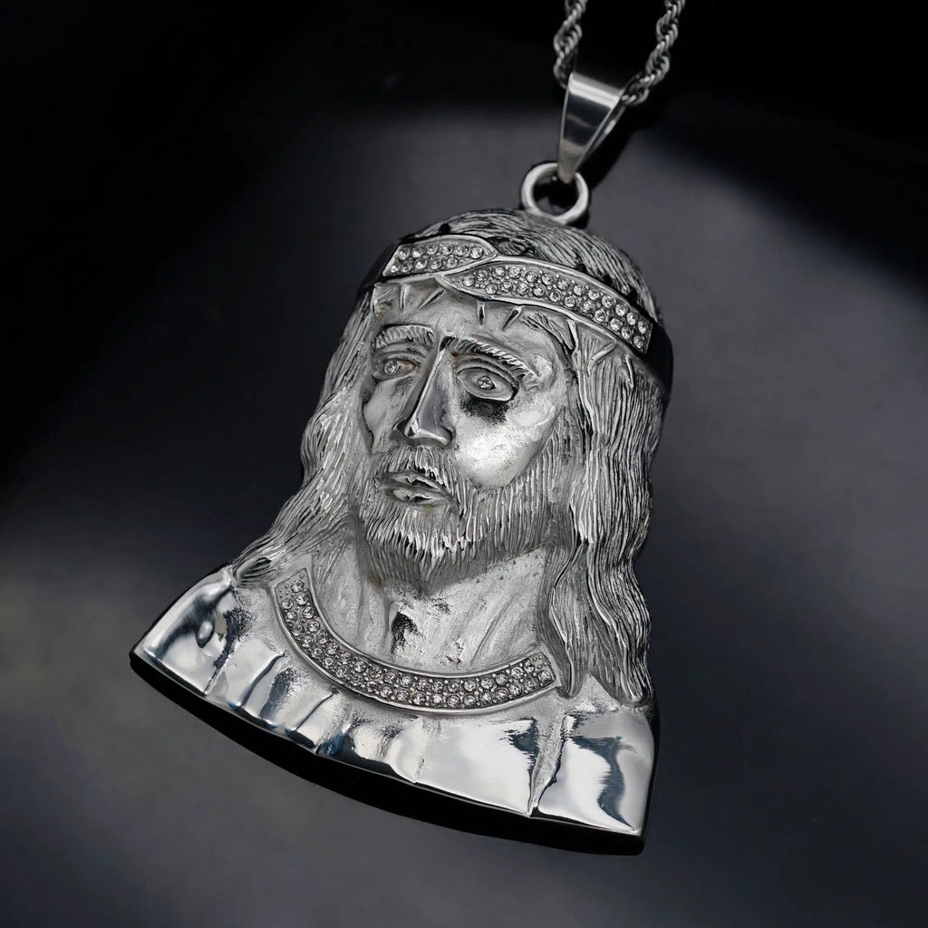 Iced Out Jesus Head Pendant — Stainless Steel