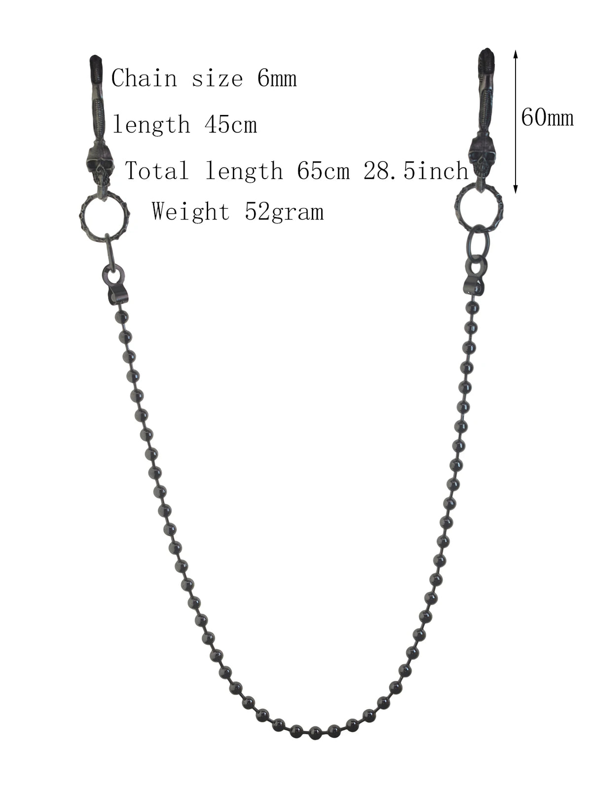 Black Large Skull Ball Bead Wallet Chain — Biker Jeans 6mm