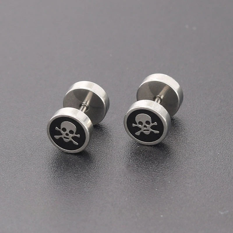 Edgy Gothic Skull Screw Back Stud Earrings Stainless Steel Non Tarnish Unisex Statement Jewelry