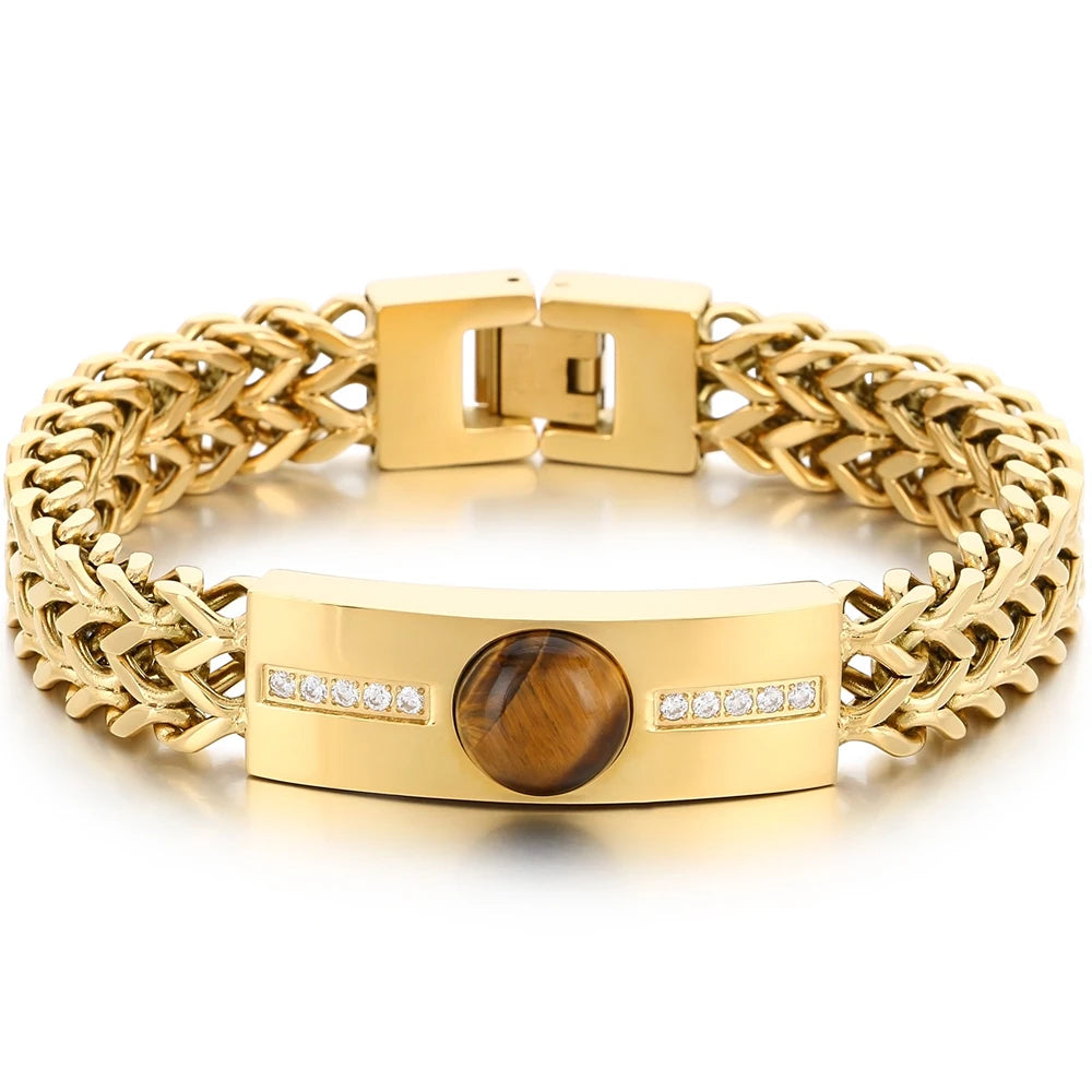 Vintage Stainless Steel Men's Curved Bracelet Natural Stone & Shiny CZ Inlaid Bracelets for Man Fashion Male Hand