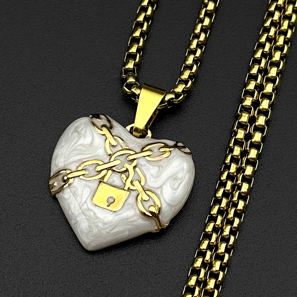 Punk Rock Lock Heart Pendant Necklace For Men Stainless Steel Cool Hip Hop Street Vintage Goth Accessories Trendy Chain Jewelry