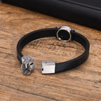 Vnox Norse Viking Compass Charm Bracelets for Men, Black PU Leather Bangle, Protective Amulet Jewelry