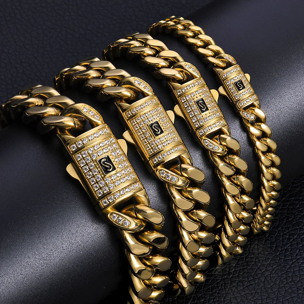 Black Cuban Bracelet Stainless Steel 14K Gold 6-13MM
