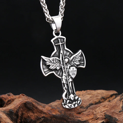Michael Angel Archangel Wing Cross Stainless Steel Pendant Necklace