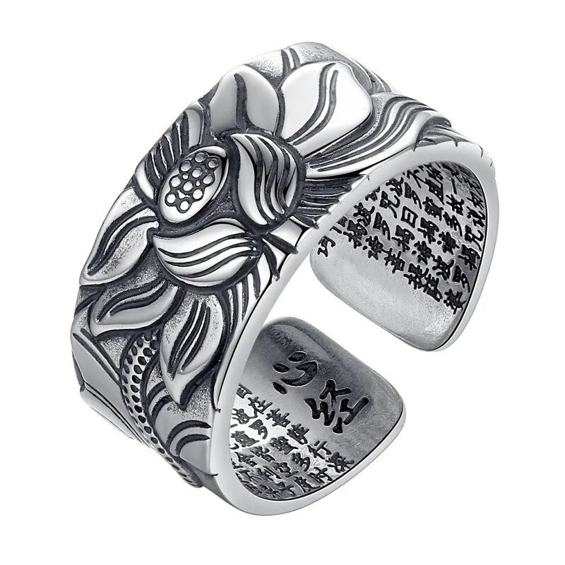 Vintage Tibetan Silver Lotus Rings for Mens Personality Hiphop Jewelry Adjustable