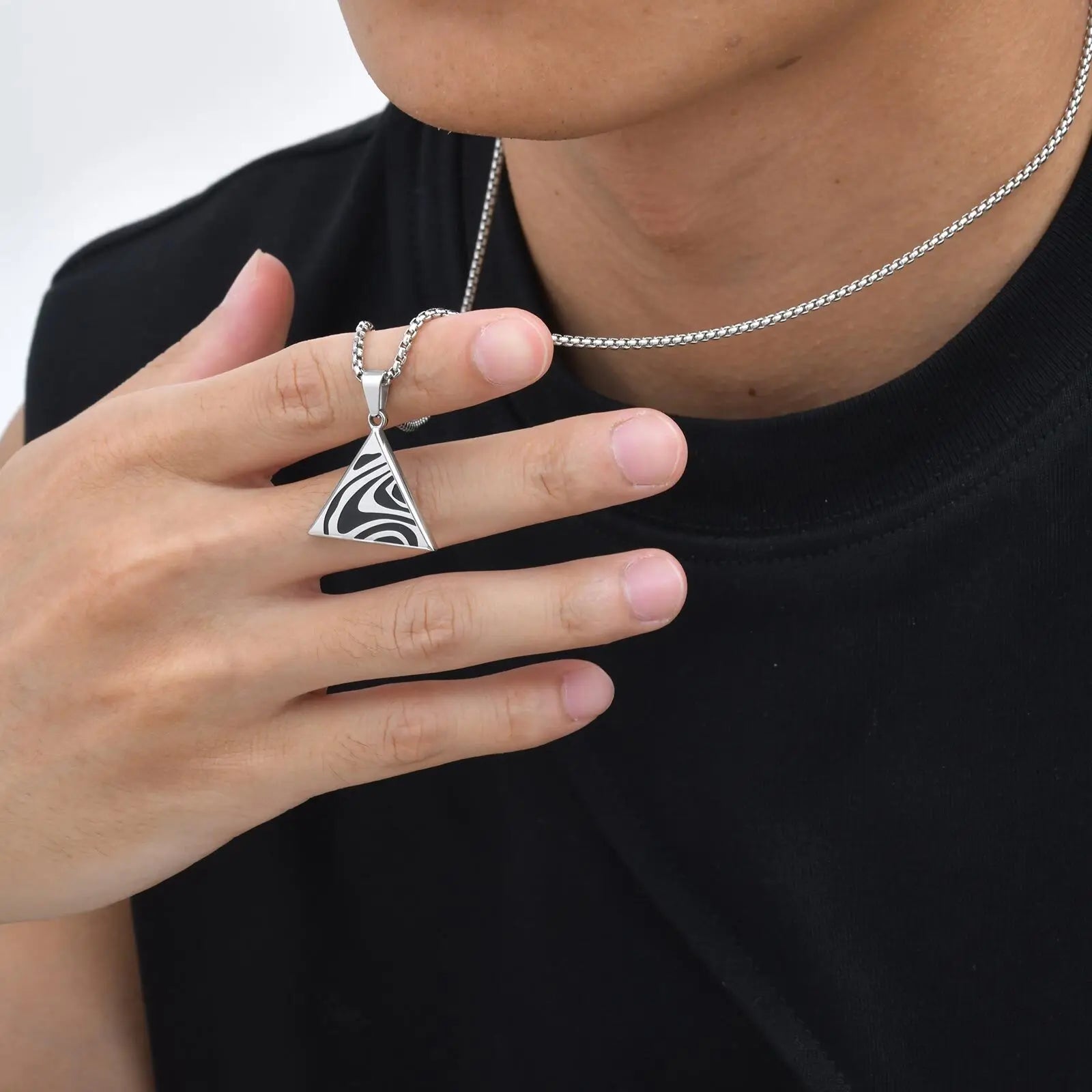 Stylish Black Drip Oil Geometric Necklace for Men,Stainless Steel Triangle Pentagram Square Pendant,New Jewelry Gift