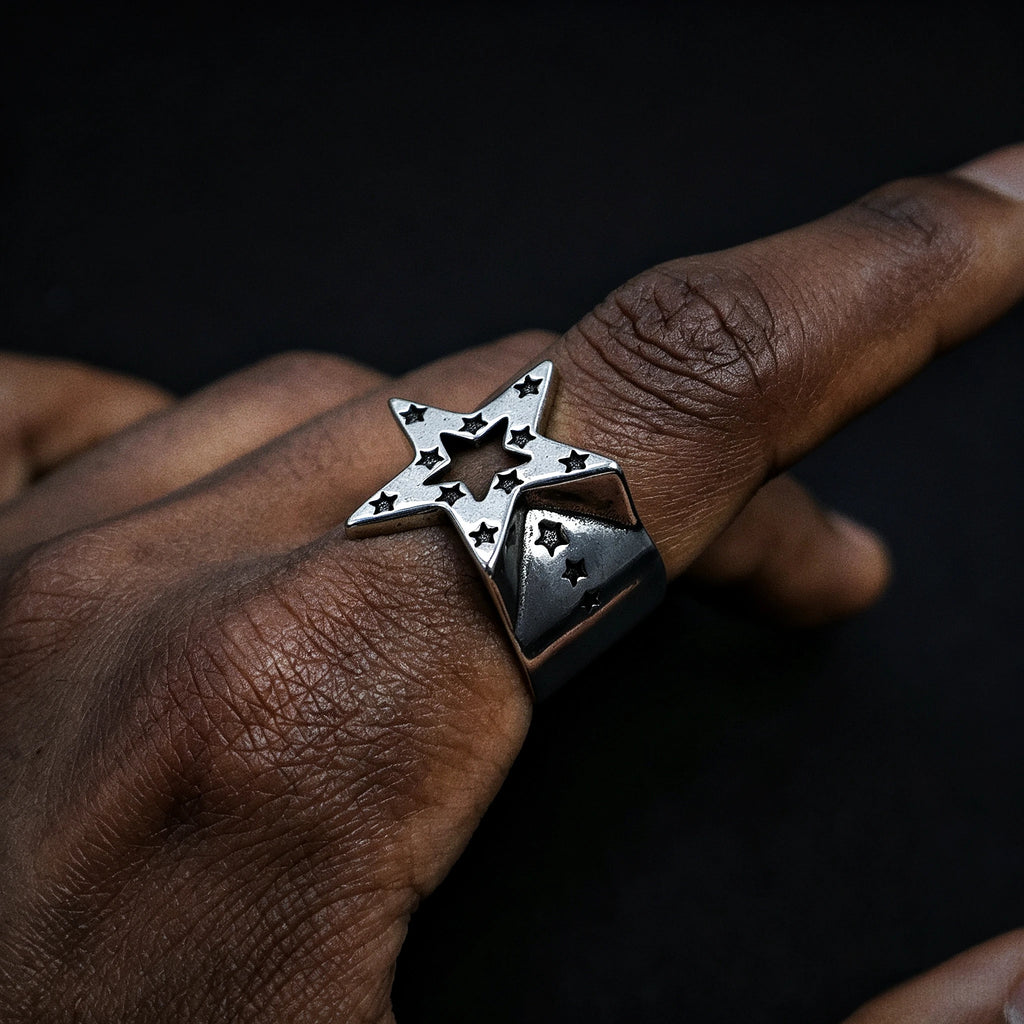 LENNIK "Nyota" Star Ring Adjustable S925 Wrapped Gothic Punk Edgy Jewelry for Men Women Retro Accessories Unisex