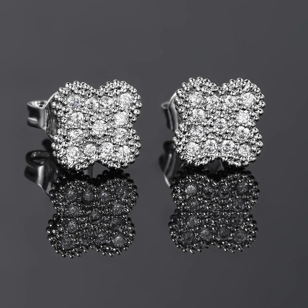 Silver Iced Out Four Leaf Clover Stud Earrings