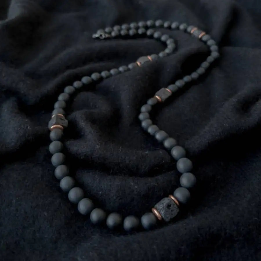 Black Onyx & Volcanic Stone Beaded Necklace for Men