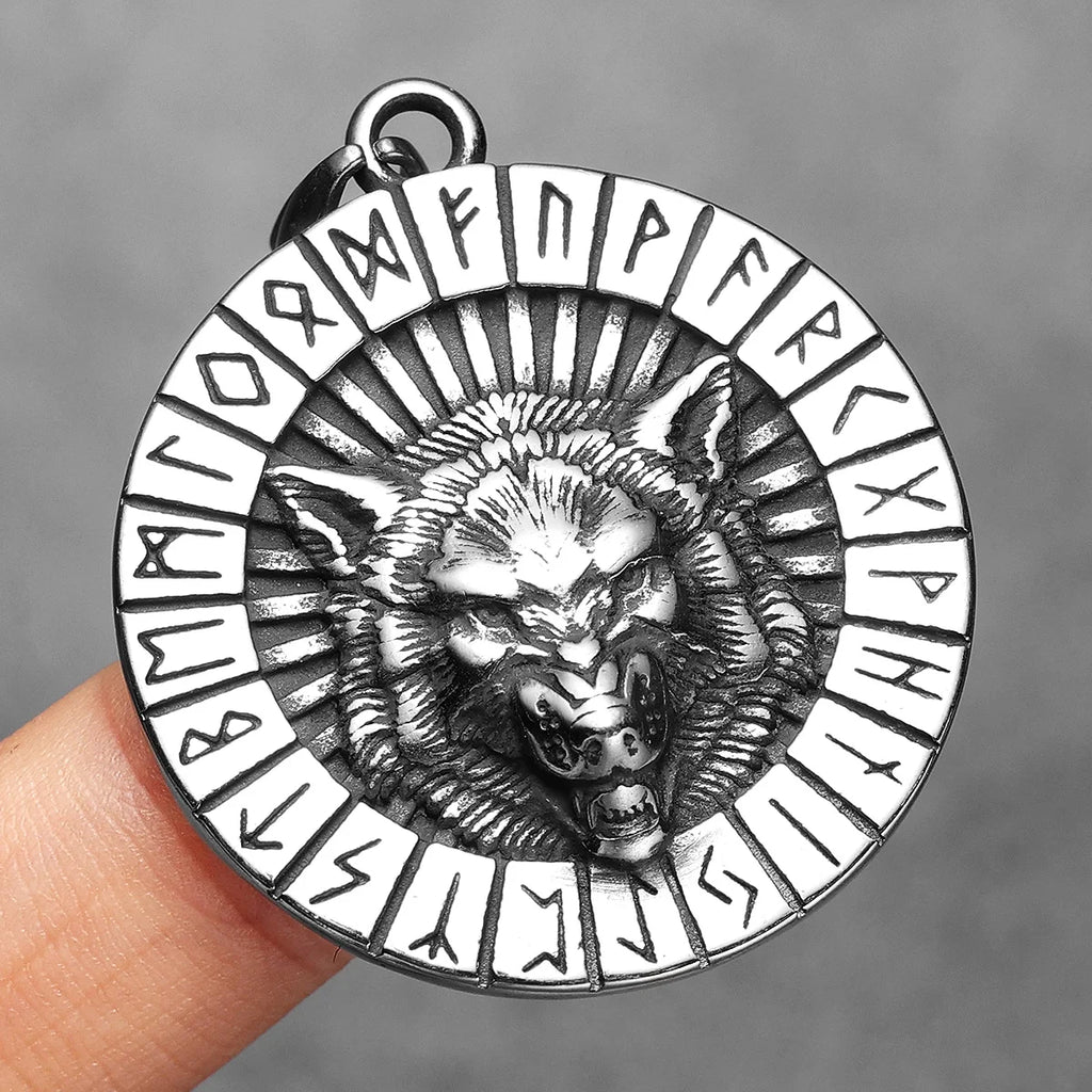 Viking Runes Wolf Pendant Necklace for Men — Stainless Steel