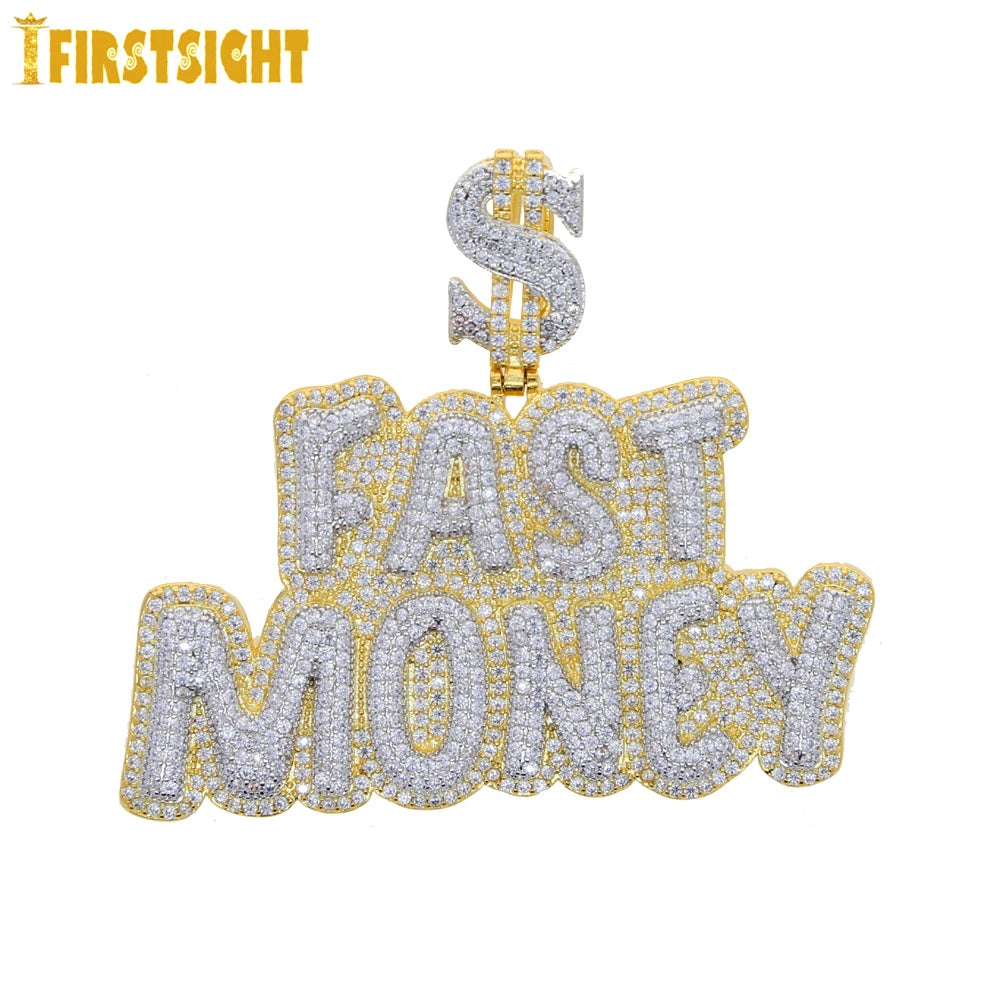 New Hip Hop Money Pendant Necklace Gold Color Iced Out Bling CZ Cubic Zirconia Letters Rich Dollar Charm Men Women