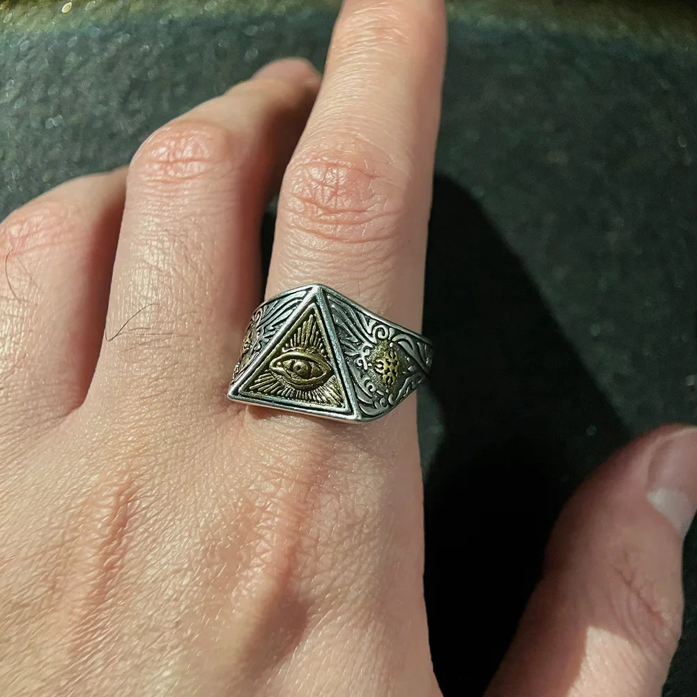 Retro Eye of Providence Vajra Cross Ring Punk Gothic Adjustable Open Ring For Men Copper Fine Jewelry Accessories Blessing Gift