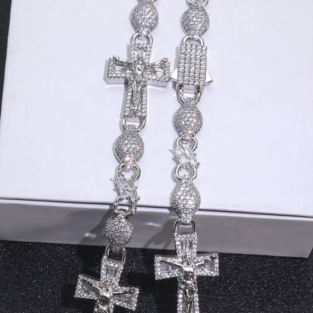 Cross Iced Out Rosary Chain Necklace Stainless Steel