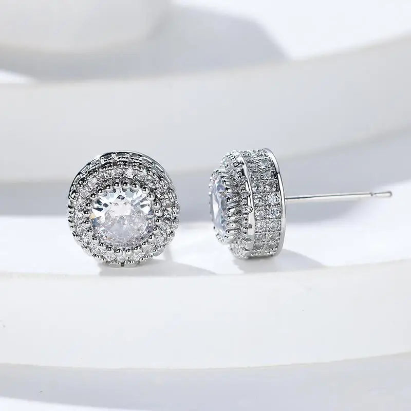 Iced Out Round Geometric CZ Stud Earrings — Full Pavé Studs