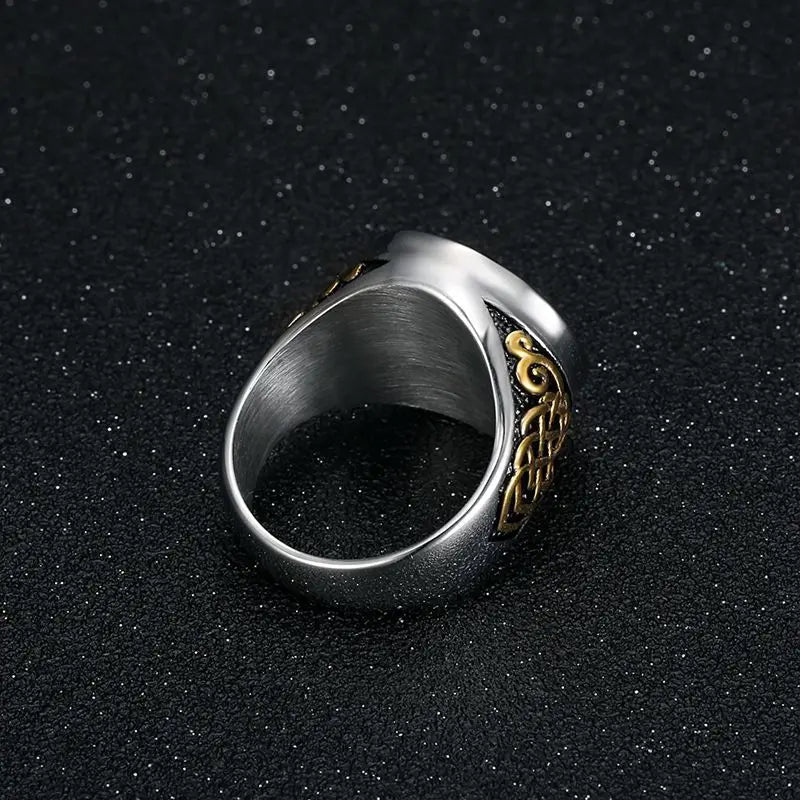 Men's Stainless Steel Vacuum Gold-Plated Saint George Dragon Slayer Knight Ring - Classic Armor Design