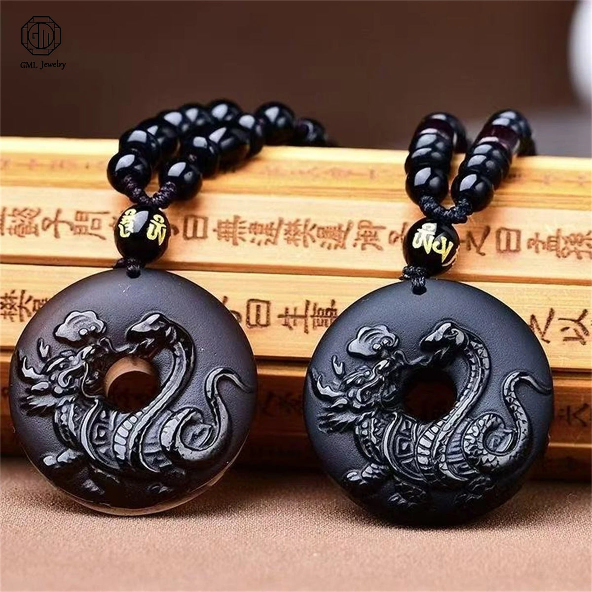Natural Black Obsidian Xuanwu Tortoise Snake Pendant Five Elements Water Element Feng Shui Amulet Unisex Men Women Necklace