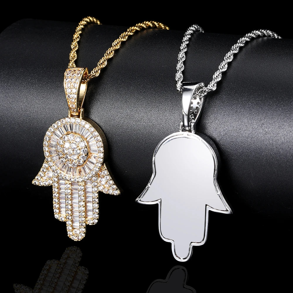 Iced Out Hamsa Pendant Necklace Stainless Steel