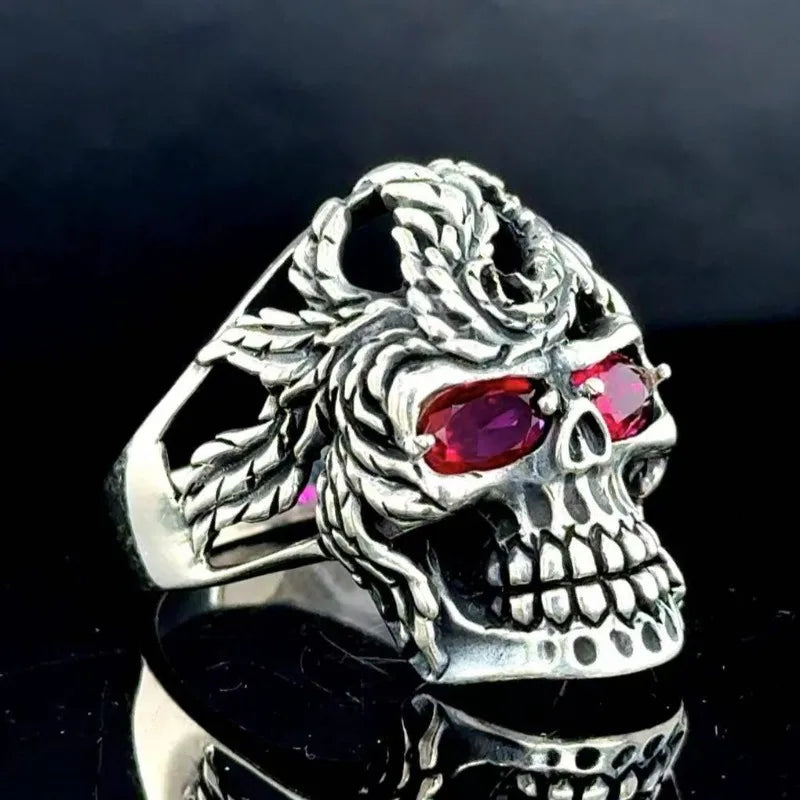 European and American new fashion skull shape red zircon inlaid punk retro men's ring