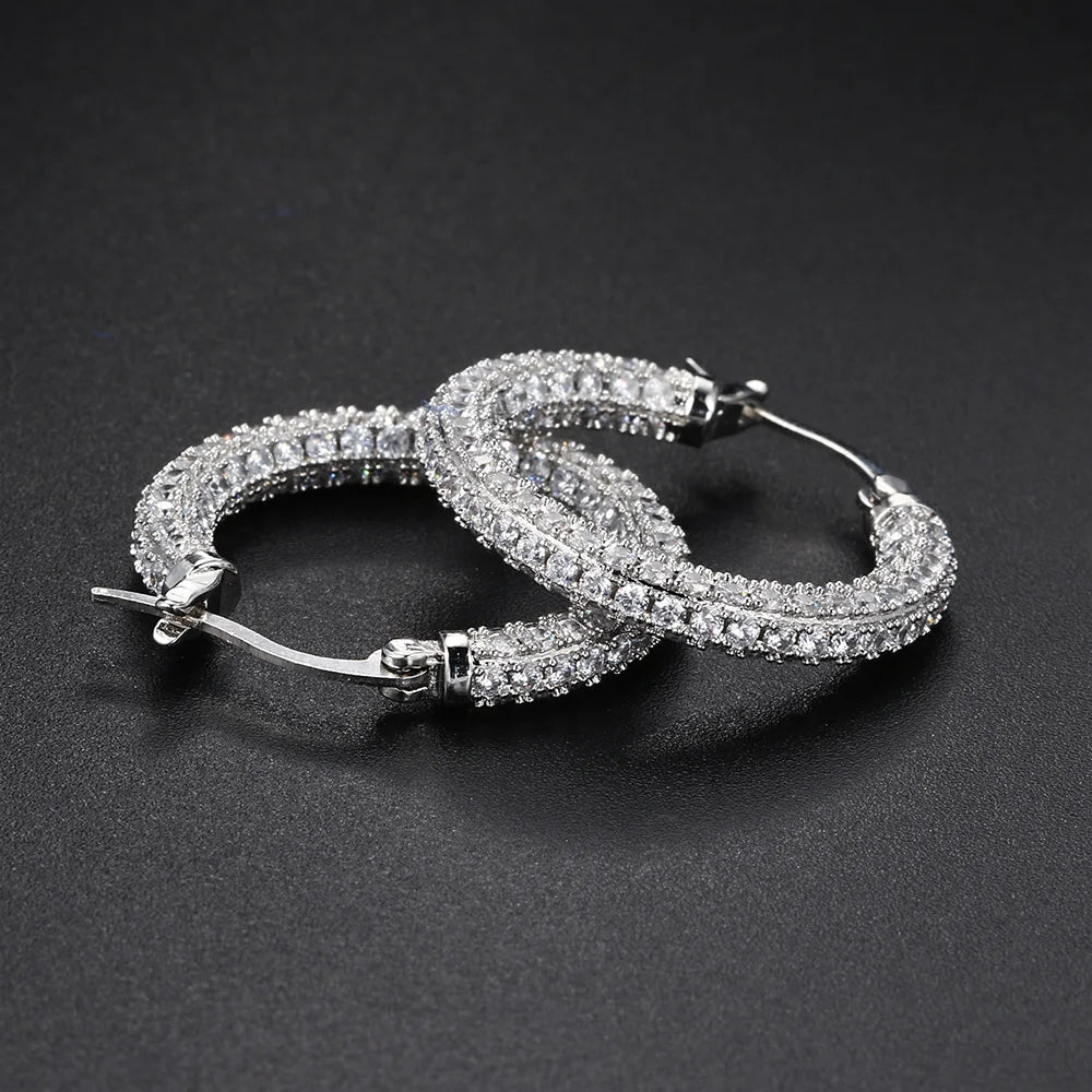 Two-Tone Iced Out Hoop Earrings CZ Silver Gold