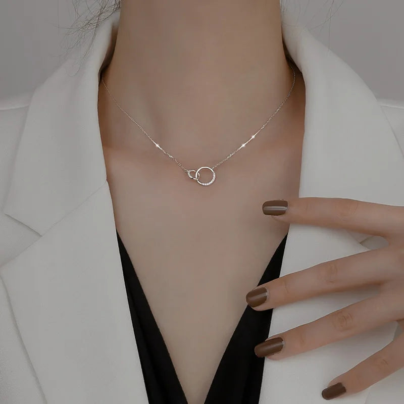 925 Sterling Silver Circle Necklace Personality Charm Geometric Shape Pendant Choker Birthday Gift for Women Exquisite Jewelry