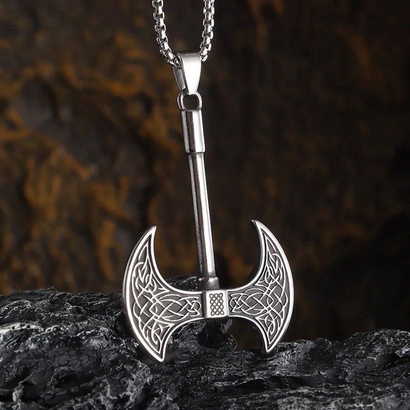Men's Viking Axe Pendant Necklace Silver Tone Alloy Celtic Pattern Link Chain Retro Nordic Style Fashion Jewelry Accessory
