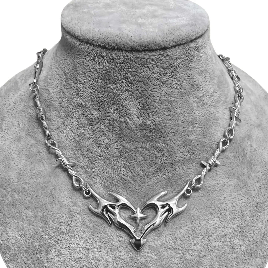 Flame Heart Choker Necklace — Barbed Wire Thorns, Y2K Gothic