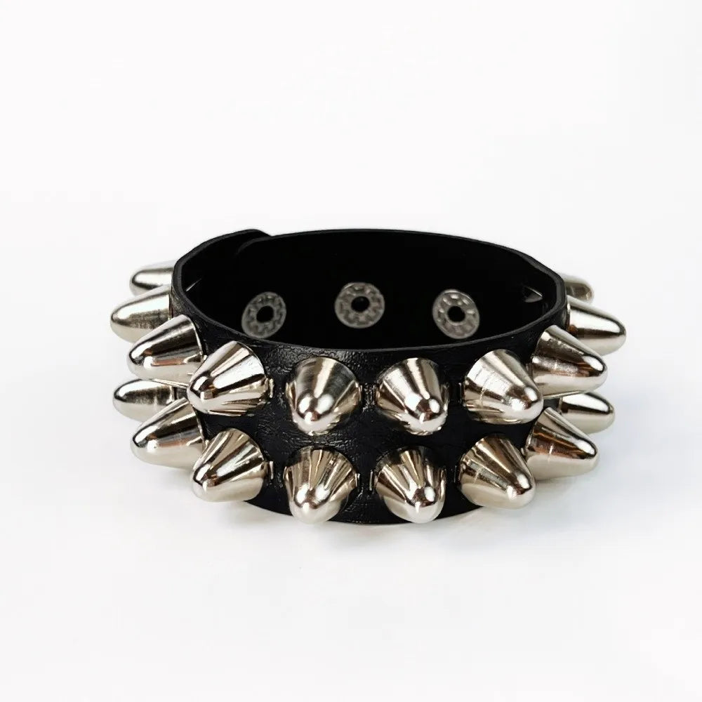 Classic Adjustable Size Rivet Bangle Square Wide Rows Nails Spike Cuff Bracelet PU Leather Bracelets Bangle Men Women