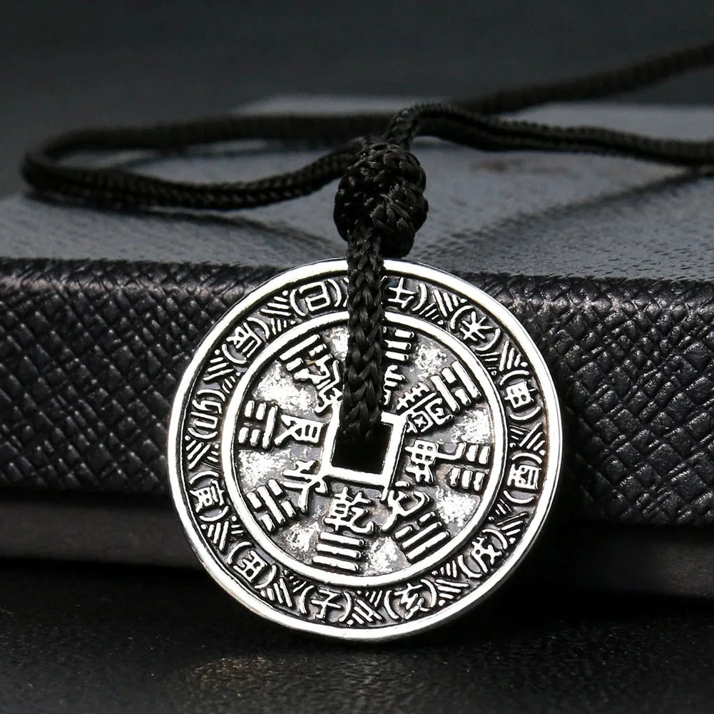 Metal Chinese-style Antique Coin Necklace Yin-Yang Bagua Tai Chi Rune Pendant Peaceful Evil-repelling Demon-warding