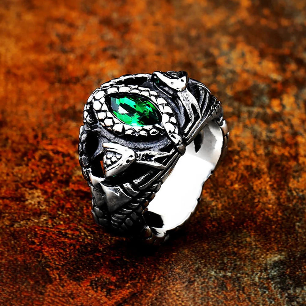 Vintage 316L Stainless Steel Aragorn II Barahir Snake Rings With Green Stone Eye For Men Women Fashion Punk Jewelry Dropshipping