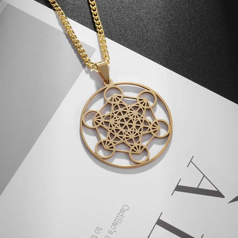 Stainless Steel Solomon Flower of Life Chakra Spirituality Necklace Archangel Sacred Geometry Metatron Pendant Jewelry Men Women