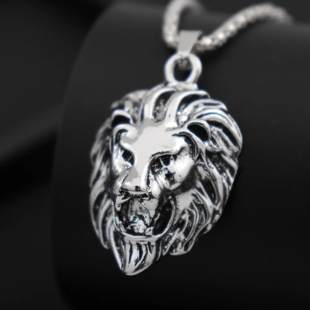 Punk Hip Hop Men Necklace Animal Lion Head Pendant Necklace New Fashion Metal Sliding Pendant Necklace Accessories