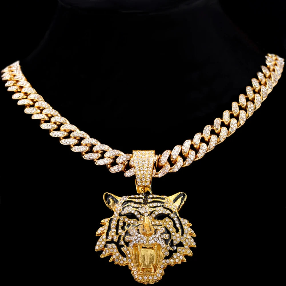 Iced Out Tiger Head Cuban Pendant — Gold