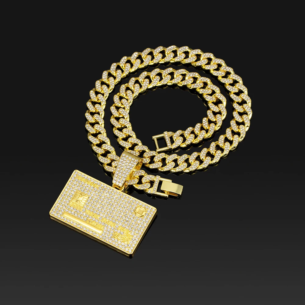 Men's Hip Hop Credit VISA Card Pendants With 13mm Miami Cuban Chain Iced Out Bling Bank Card Necklaces Fashion Jewelry for Woman