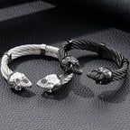 Biker Men's Skull Wristband Heavy 316L Stainless Steel Punk Bracelet Open Bangle Double Gothic Skeleton Head for Rock
