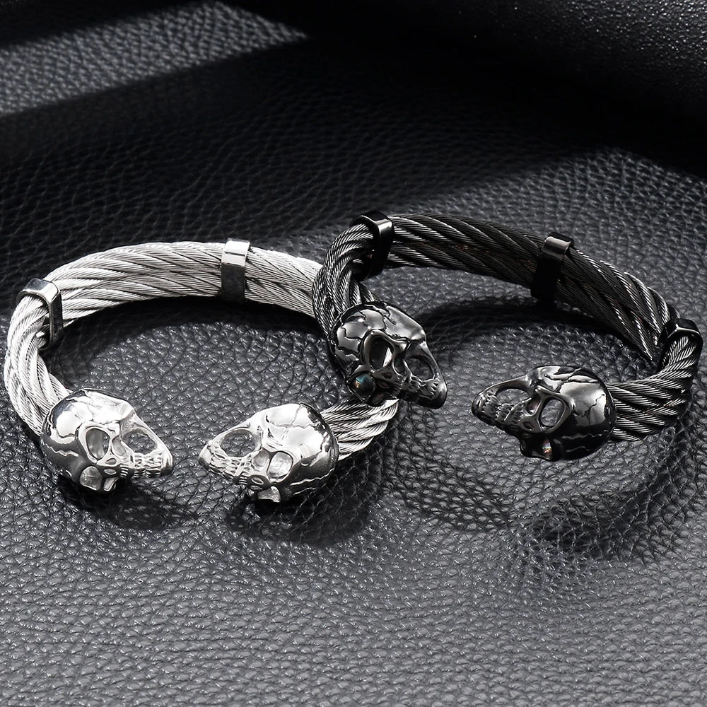 Biker Men's Skull Wristband Heavy 316L Stainless Steel Punk Bracelet Open Bangle Double Gothic Skeleton Head for Rock