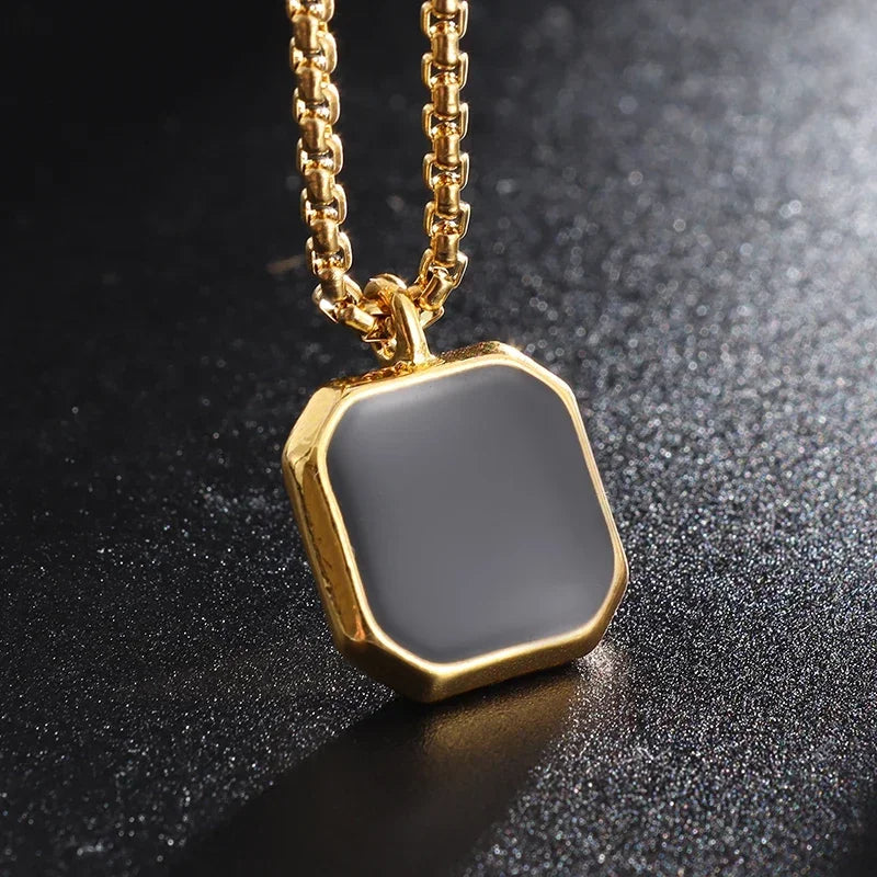Stainless Steel Square Black Natural Stone Necklace Beautiful Geometric Polygon Pendant for Women Casual Punk Jewelry