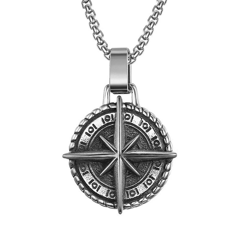 Voyager Vintage Viking Compass Pendant Necklace For Men Punk Hip Hop 316L Stainless Steel Biker Cross Necklace Jewelry