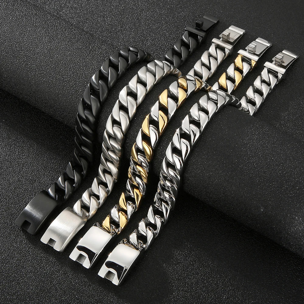 Polished Brushed Stainless Steel Cuban Chain Bracelet for Men Black Gold Color Nickel-Free Jewelry18-24CM Length Gift