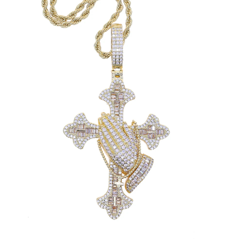 Iced Out Praying Hands Cross Necklace — Silver