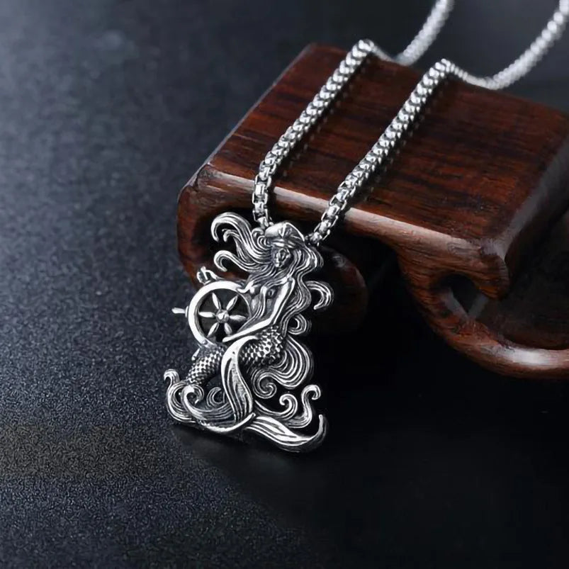 Silver Mermaid Pendant Necklace Stainless Steel