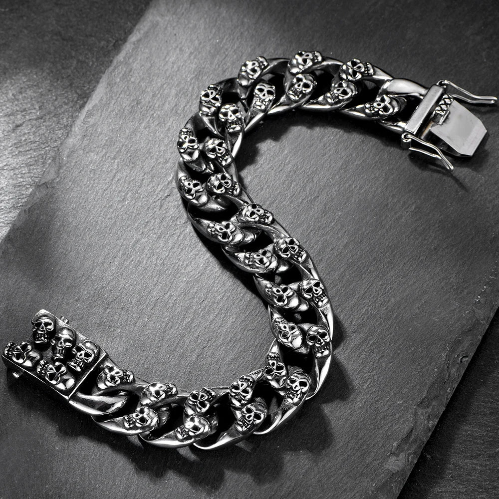 Men's Cast 316l Stainless Steel Skull Link Bracelet Man Punk Gothic Skeleton Head Wristband Biker Rock Chain Jewelry