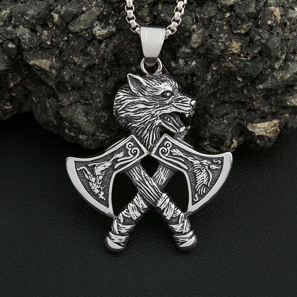 Viking Double Axe Wolf Head Pendant — SS